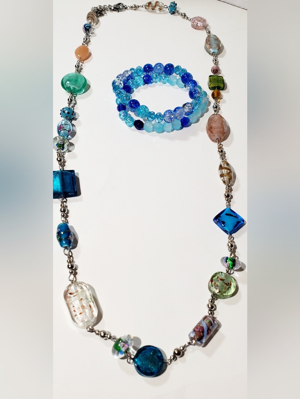 Blue Glass Beaded Necklace and Bracelet Set - Elegant Blue Jewelry